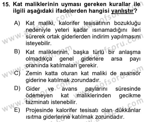 Bina ve Site Yöneticiliği Dersi 2023 - 2024 Yılı Yaz Okulu Sınav Soruları 15. Soru