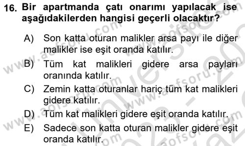 Bina ve Site Yöneticiliği Dersi 2023 - 2024 Yılı Yaz Okulu Sınav Soruları 16. Soru
