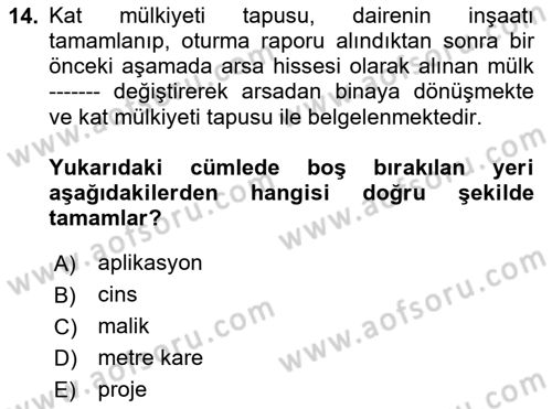 Bina ve Site Yöneticiliği Dersi 2024 - 2025 Yılı (Vize) Ara Sınav Soruları 14. Soru