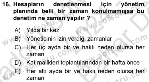 Bina ve Site Yöneticiliği Dersi 2024 - 2025 Yılı (Vize) Ara Sınav Soruları 16. Soru