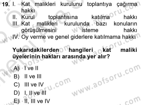 Bina ve Site Yöneticiliği Dersi 2024 - 2025 Yılı (Vize) Ara Sınav Soruları 19. Soru