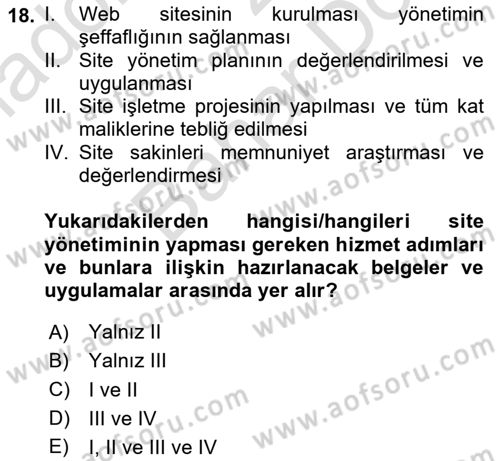 Bina ve Site Yöneticiliği Dersi 2024 - 2025 Yılı (Final) Dönem Sonu Sınav Soruları 18. Soru