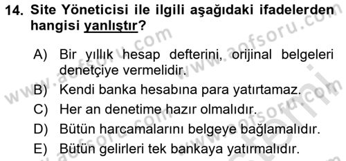 Bina ve Site Yöneticiliği Dersi 2024 - 2025 Yılı Yaz Okulu Sınav Soruları 14. Soru