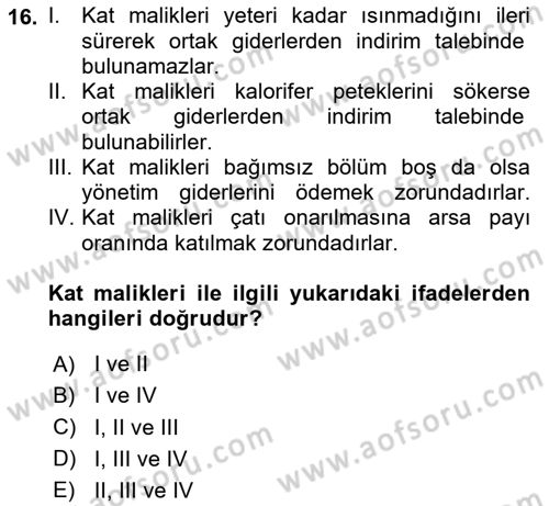 Bina ve Site Yöneticiliği Dersi 2024 - 2025 Yılı Yaz Okulu Sınav Soruları 16. Soru