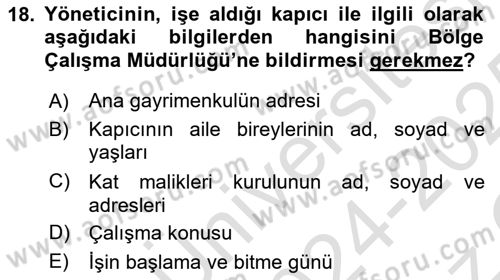 Bina ve Site Yöneticiliği Dersi 2024 - 2025 Yılı Yaz Okulu Sınav Soruları 18. Soru