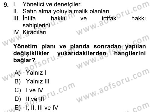 Bina ve Site Yöneticiliği Dersi 2024 - 2025 Yılı Yaz Okulu Sınav Soruları 9. Soru