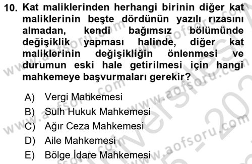 Bina ve Site Yöneticiliği Dersi 2025 - 2026 Yılı (Final) Dönem Sonu Sınav Soruları 10. Soru