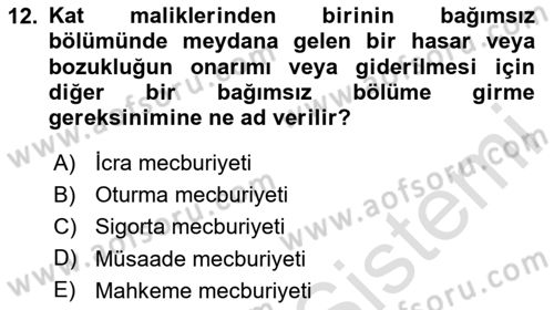 Bina ve Site Yöneticiliği Dersi 2025 - 2026 Yılı (Final) Dönem Sonu Sınav Soruları 12. Soru