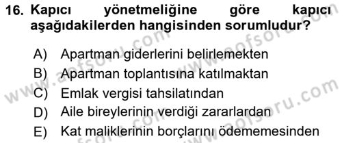 Bina ve Site Yöneticiliği Dersi 2025 - 2026 Yılı (Final) Dönem Sonu Sınav Soruları 16. Soru
