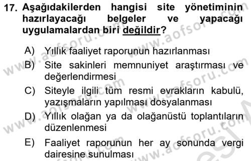 Bina ve Site Yöneticiliği Dersi 2025 - 2026 Yılı (Final) Dönem Sonu Sınav Soruları 17. Soru