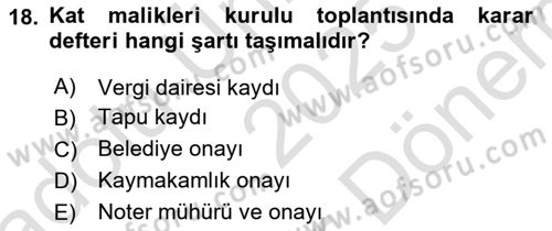 Bina ve Site Yöneticiliği Dersi 2025 - 2026 Yılı (Final) Dönem Sonu Sınav Soruları 18. Soru