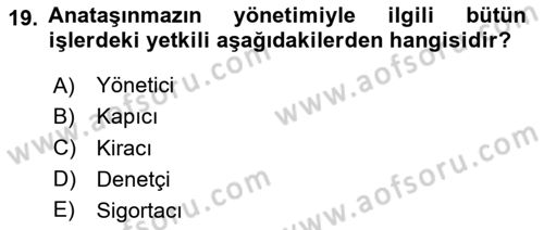 Bina ve Site Yöneticiliği Dersi 2025 - 2026 Yılı (Final) Dönem Sonu Sınav Soruları 19. Soru