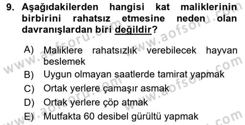 Bina ve Site Yöneticiliği Dersi 2025 - 2026 Yılı (Final) Dönem Sonu Sınav Soruları 9. Soru