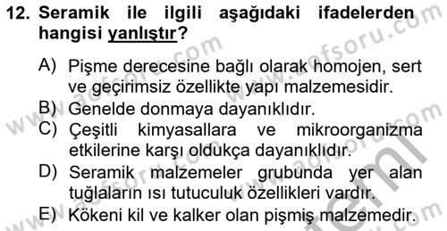 Bina ve Yapım Bilgisi Dersi 2014 - 2015 Yılı (Final) Dönem Sonu Sınav Soruları 12. Soru