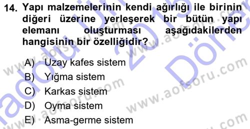 Bina ve Yapım Bilgisi Dersi 2015 - 2016 Yılı (Final) Dönem Sonu Sınav Soruları 14. Soru