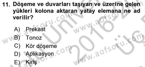 Bina ve Yapım Bilgisi Dersi 2016 - 2017 Yılı 3 Ders Sınav Soruları 11. Soru