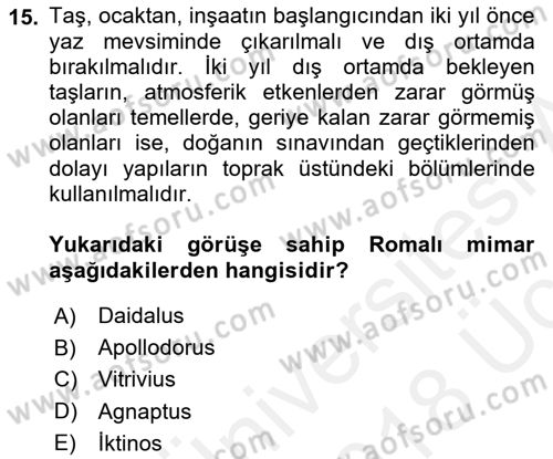 Bina ve Yapım Bilgisi Dersi 2017 - 2018 Yılı 3 Ders Sınav Soruları 15. Soru