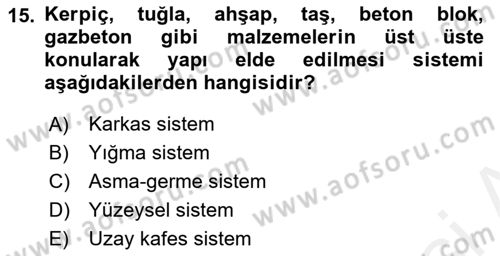 Bina ve Yapım Bilgisi Dersi 2017 - 2018 Yılı (Final) Dönem Sonu Sınav Soruları 15. Soru