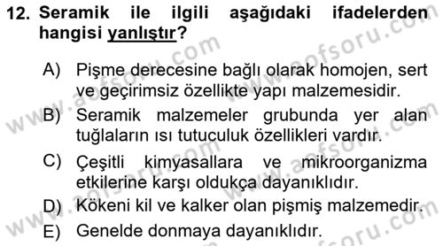 Bina ve Yapım Bilgisi Dersi 2018 - 2019 Yılı 3 Ders Sınav Soruları 12. Soru