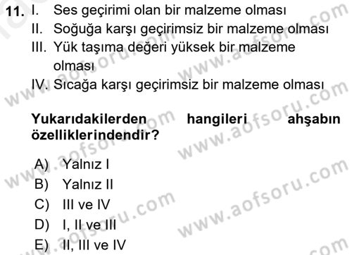 Bina ve Yapım Bilgisi Dersi 2018 - 2019 Yılı (Final) Dönem Sonu Sınav Soruları 11. Soru