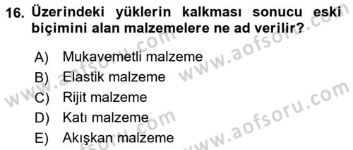Bina ve Yapım Bilgisi Dersi 2018 - 2019 Yılı (Final) Dönem Sonu Sınav Soruları 16. Soru