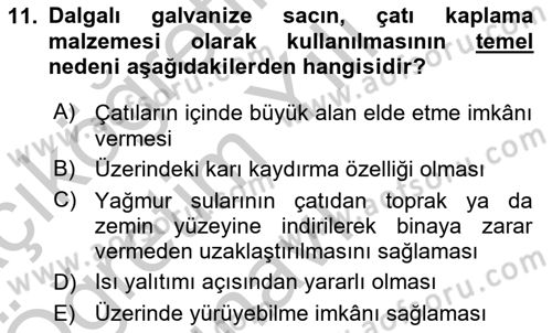 Bina ve Yapım Bilgisi Dersi 2018 - 2019 Yılı Yaz Okulu Sınav Soruları 11. Soru