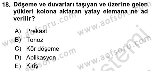 Bina ve Yapım Bilgisi Dersi 2019 - 2020 Yılı (Vize) Ara Sınav Soruları 18. Soru