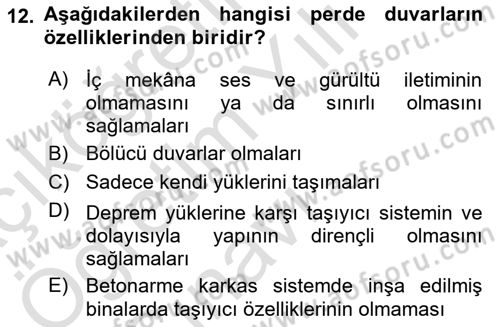 Bina ve Yapım Bilgisi Dersi 2020 - 2021 Yılı Yaz Okulu Sınav Soruları 12. Soru