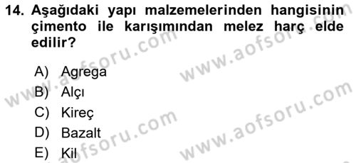 Bina ve Yapım Bilgisi Dersi 2020 - 2021 Yılı Yaz Okulu Sınav Soruları 14. Soru