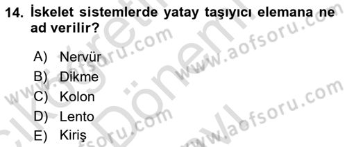 Bina ve Yapım Bilgisi Dersi 2021 - 2022 Yılı (Final) Dönem Sonu Sınav Soruları 14. Soru