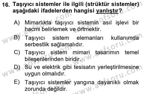 Bina ve Yapım Bilgisi Dersi 2021 - 2022 Yılı (Final) Dönem Sonu Sınav Soruları 16. Soru