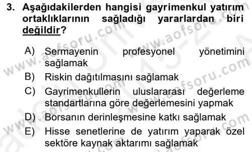 Emlak Finans ve Emlak Değerleme Dersi 2015 - 2016 Yılı (Vize) Ara Sınav Soruları 3. Soru