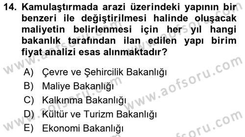 Emlak Finans ve Emlak Değerleme Dersi 2015 - 2016 Yılı (Final) Dönem Sonu Sınav Soruları 14. Soru