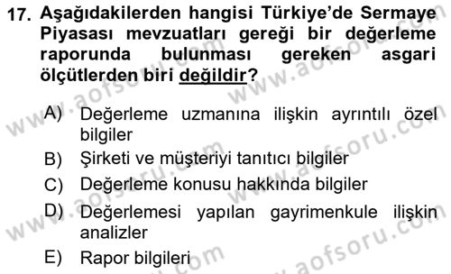 Emlak Finans ve Emlak Değerleme Dersi 2015 - 2016 Yılı (Final) Dönem Sonu Sınav Soruları 17. Soru