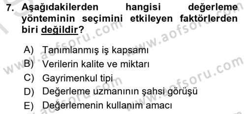 Emlak Finans ve Emlak Değerleme Dersi 2015 - 2016 Yılı (Final) Dönem Sonu Sınav Soruları 7. Soru