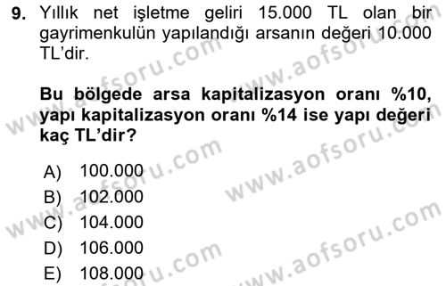 Emlak Finans ve Emlak Değerleme Dersi 2015 - 2016 Yılı (Final) Dönem Sonu Sınav Soruları 9. Soru