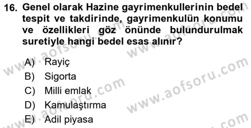 Emlak Finans ve Emlak Değerleme Dersi 2015 - 2016 Yılı Tek Ders Sınav Soruları 16. Soru