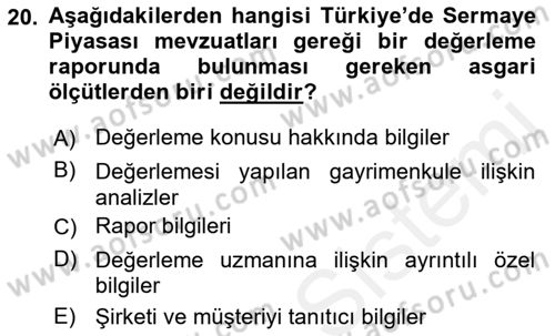 Emlak Finans ve Emlak Değerleme Dersi 2015 - 2016 Yılı Tek Ders Sınav Soruları 20. Soru