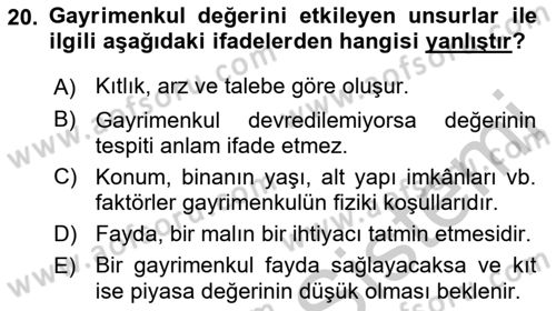 Emlak Finans ve Emlak Değerleme Dersi 2016 - 2017 Yılı (Vize) Ara Sınav Soruları 20. Soru
