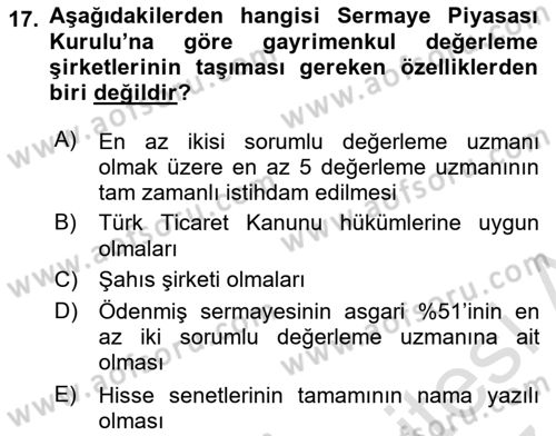Emlak Finans ve Emlak Değerleme Dersi 2016 - 2017 Yılı (Final) Dönem Sonu Sınav Soruları 17. Soru