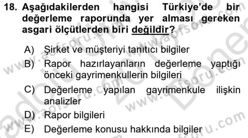 Emlak Finans ve Emlak Değerleme Dersi 2016 - 2017 Yılı (Final) Dönem Sonu Sınav Soruları 18. Soru