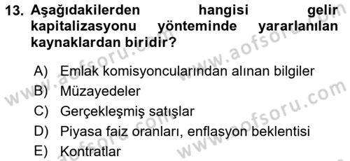 Emlak Finans ve Emlak Değerleme Dersi 2017 - 2018 Yılı 3 Ders Sınav Soruları 13. Soru