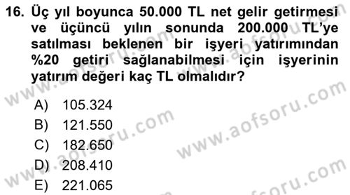 Emlak Finans ve Emlak Değerleme Dersi 2017 - 2018 Yılı 3 Ders Sınav Soruları 16. Soru