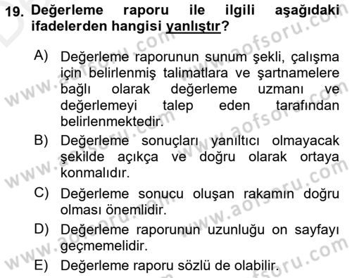 Emlak Finans ve Emlak Değerleme Dersi 2017 - 2018 Yılı 3 Ders Sınav Soruları 19. Soru