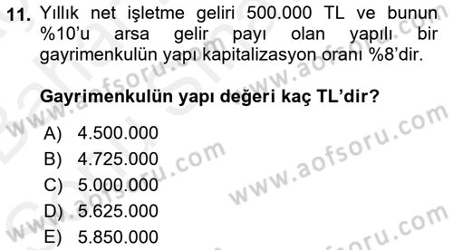 Emlak Finans ve Emlak Değerleme Dersi 2017 - 2018 Yılı (Final) Dönem Sonu Sınav Soruları 11. Soru