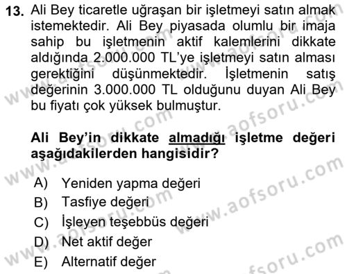 Emlak Finans ve Emlak Değerleme Dersi 2017 - 2018 Yılı (Final) Dönem Sonu Sınav Soruları 13. Soru