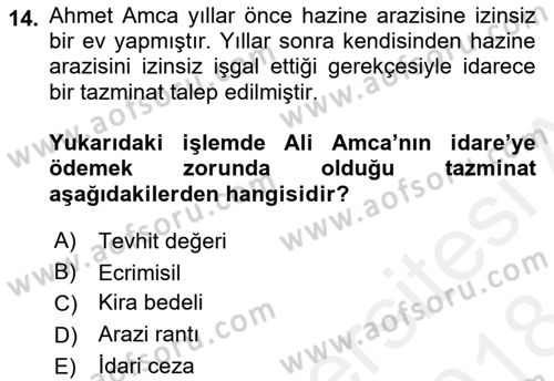 Emlak Finans ve Emlak Değerleme Dersi 2017 - 2018 Yılı (Final) Dönem Sonu Sınav Soruları 14. Soru