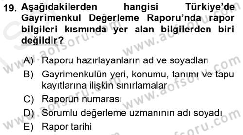 Emlak Finans ve Emlak Değerleme Dersi 2017 - 2018 Yılı (Final) Dönem Sonu Sınav Soruları 19. Soru