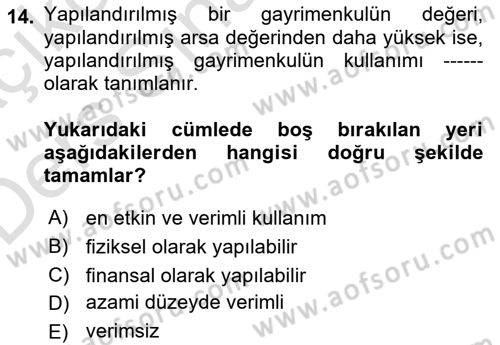 Emlak Finans ve Emlak Değerleme Dersi 2018 - 2019 Yılı 3 Ders Sınav Soruları 14. Soru