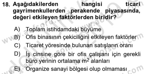 Emlak Finans ve Emlak Değerleme Dersi 2018 - 2019 Yılı 3 Ders Sınav Soruları 18. Soru